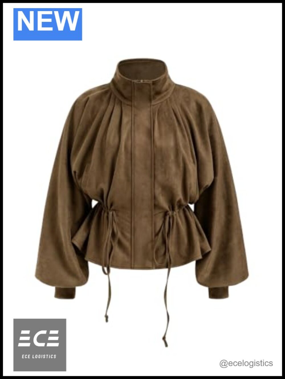 Faux Suede Cropped Jacket Balloon Sleeve Zip Coat